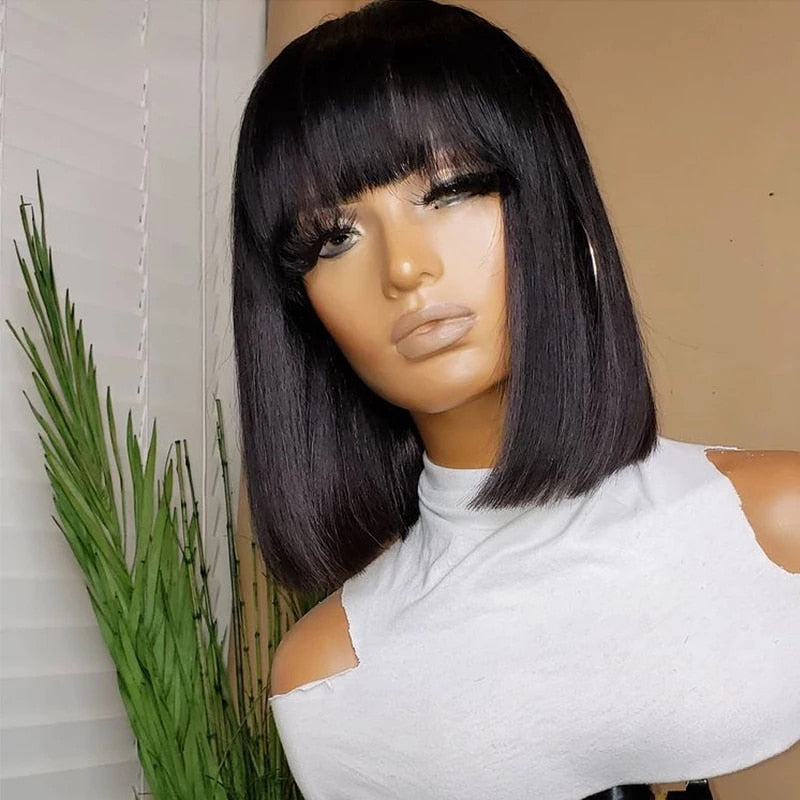 Straight Short Bob Human Hair Wigs With Bangs Brazilian Human Hair Bob Wigs For Woman Full Machine Made Human Hair Wigs Glueless