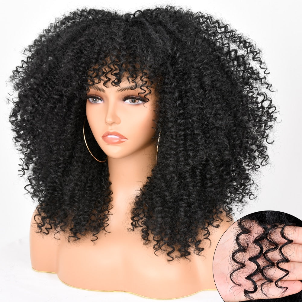 16&#39;&#39;Short Hair Afro Kinky Curly Wig With Bangs For Black Women Cosplay Lolita Synthetic Natural Glueless Brown Mixed Blonde Wigs