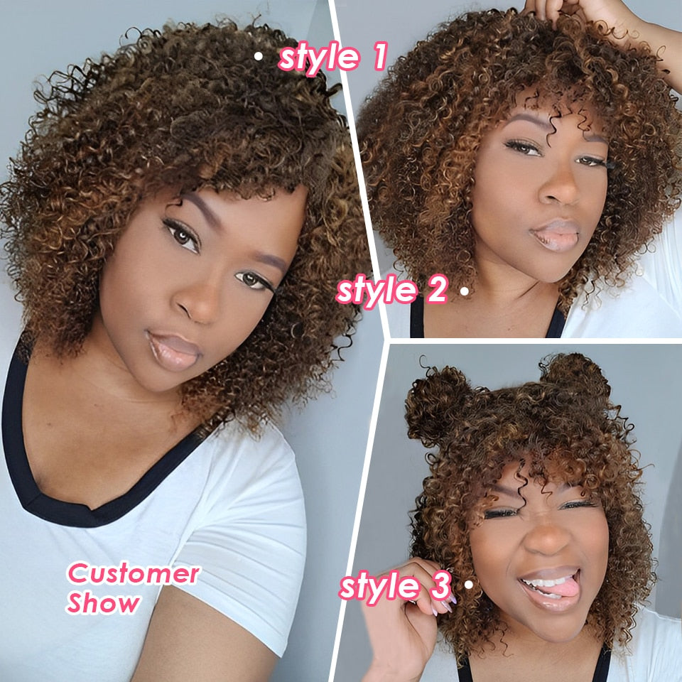 Short Curly Wig With Bangs Human Hair Afro Kinky Curly Wig Highlight Glueless Full Machine Made Wig 250 Density Remy Brazilian