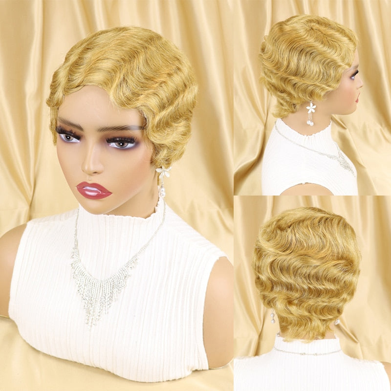 Brazilian Short Pixie Cut Human Hair Wigs Finger Waves Hairstyles For Black Women Full Machine Made Wigs Short Wigs Glueless