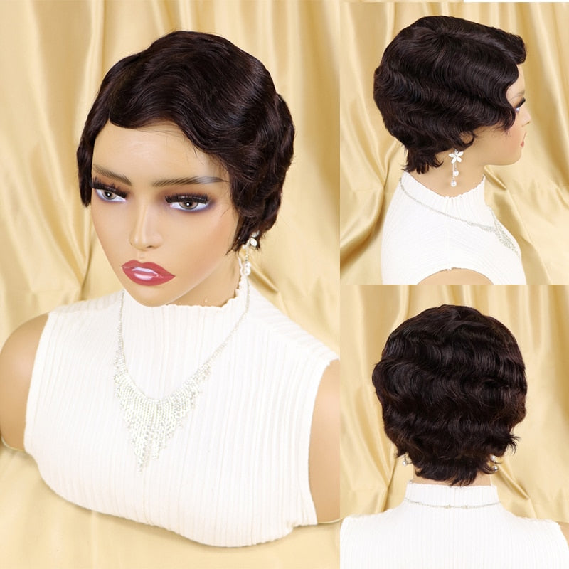 Brazilian Short Pixie Cut Human Hair Wigs Finger Waves Hairstyles For Black Women Full Machine Made Wigs Short Wigs Glueless