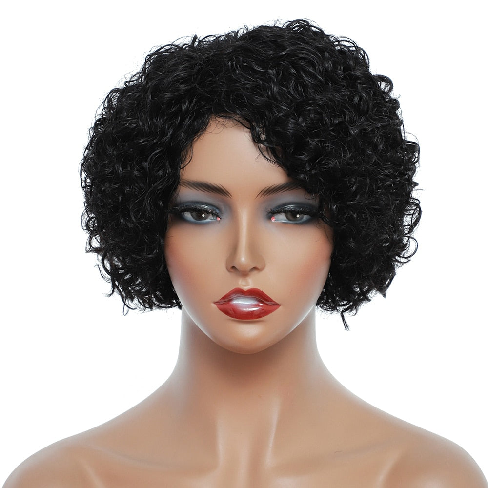 SSH  Curly Wigs Short Pixie Cut Human Hair For Women Natural Black Remy Hair 150% Density Glueless Cheap Side Part Human Wigs