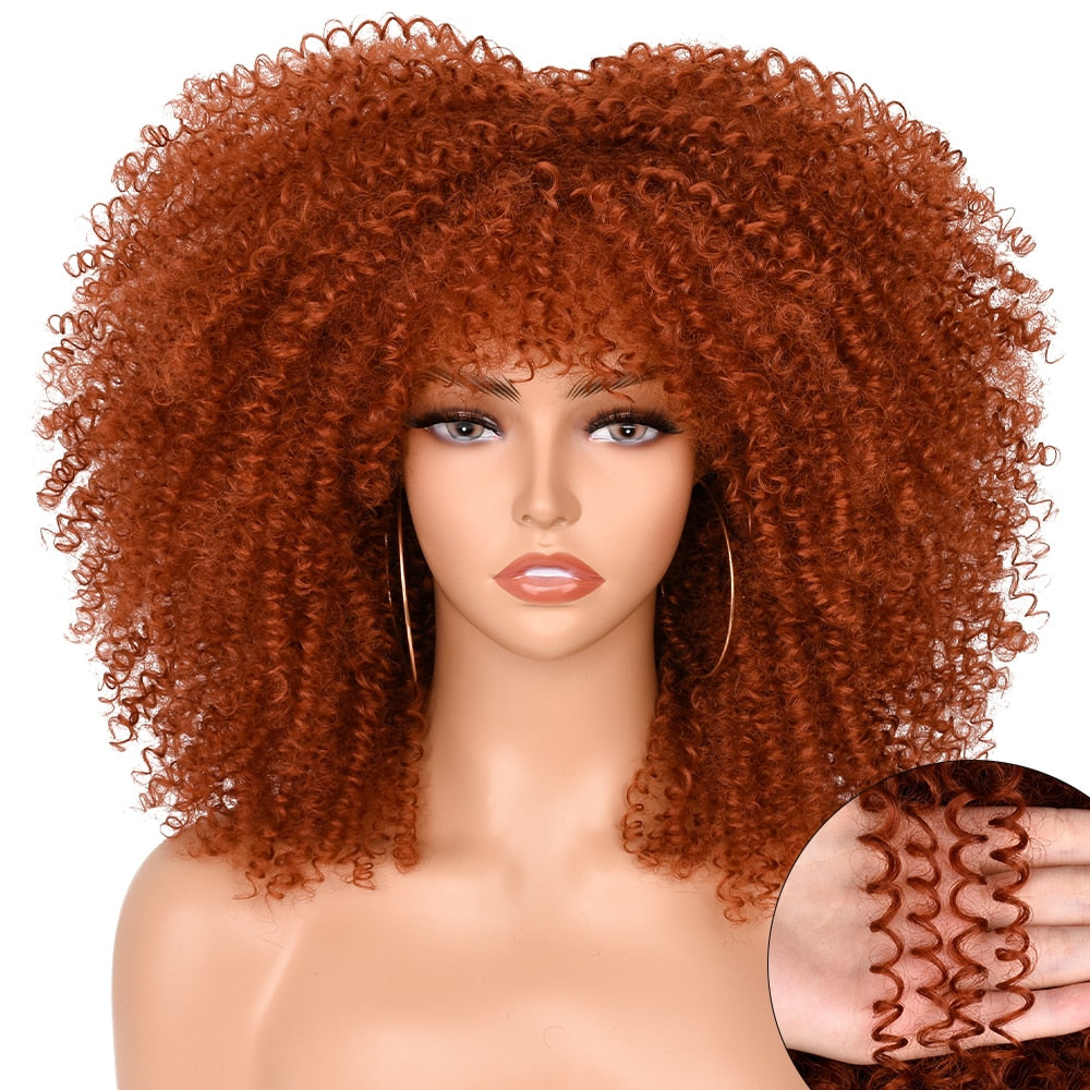 16&#39;&#39;Short Hair Afro Kinky Curly Wig With Bangs For Black Women Cosplay Lolita Synthetic Natural Glueless Brown Mixed Blonde Wigs