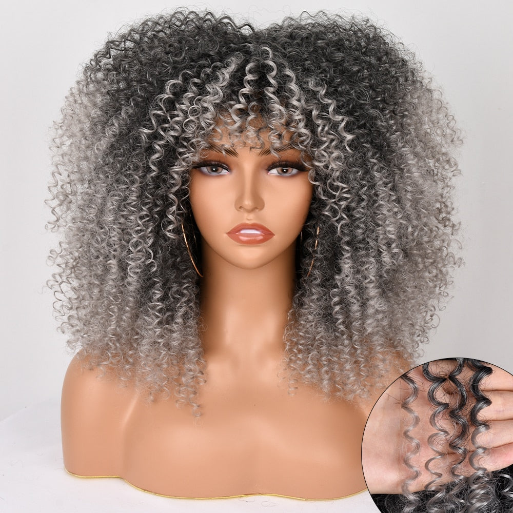 16&#39;&#39;Short Hair Afro Kinky Curly Wig With Bangs For Black Women Cosplay Lolita Synthetic Natural Glueless Brown Mixed Blonde Wigs