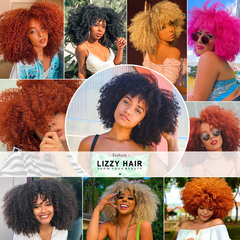 Short Afro Curly Wig With Bangs Synthetic African Glueless Fluffy Black Ombre Brown Curly Women&#39;s Wigs