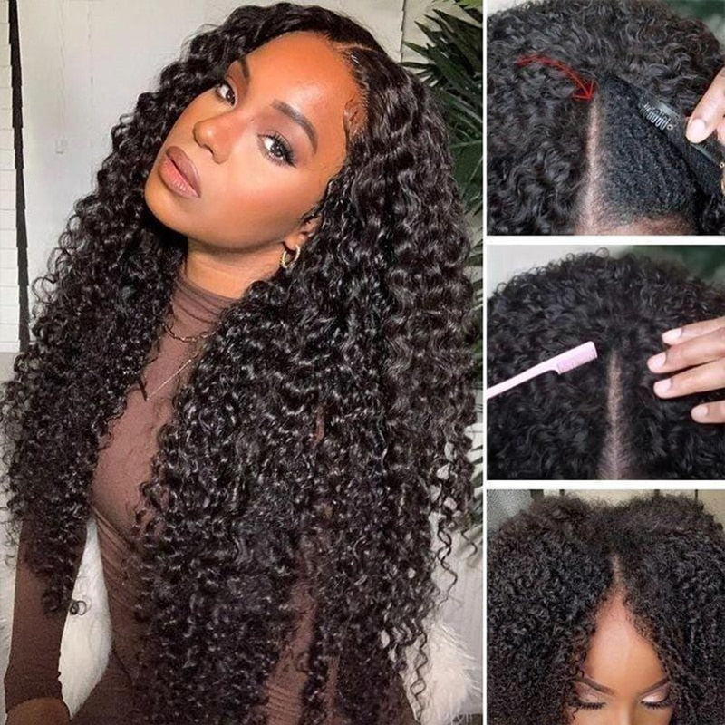 V Part Wig Human Hair No Leave Out Brazilian Deep Wave Human Hair Wigs for Women Deep Curly Wigs Glueless Virgin 250% Density