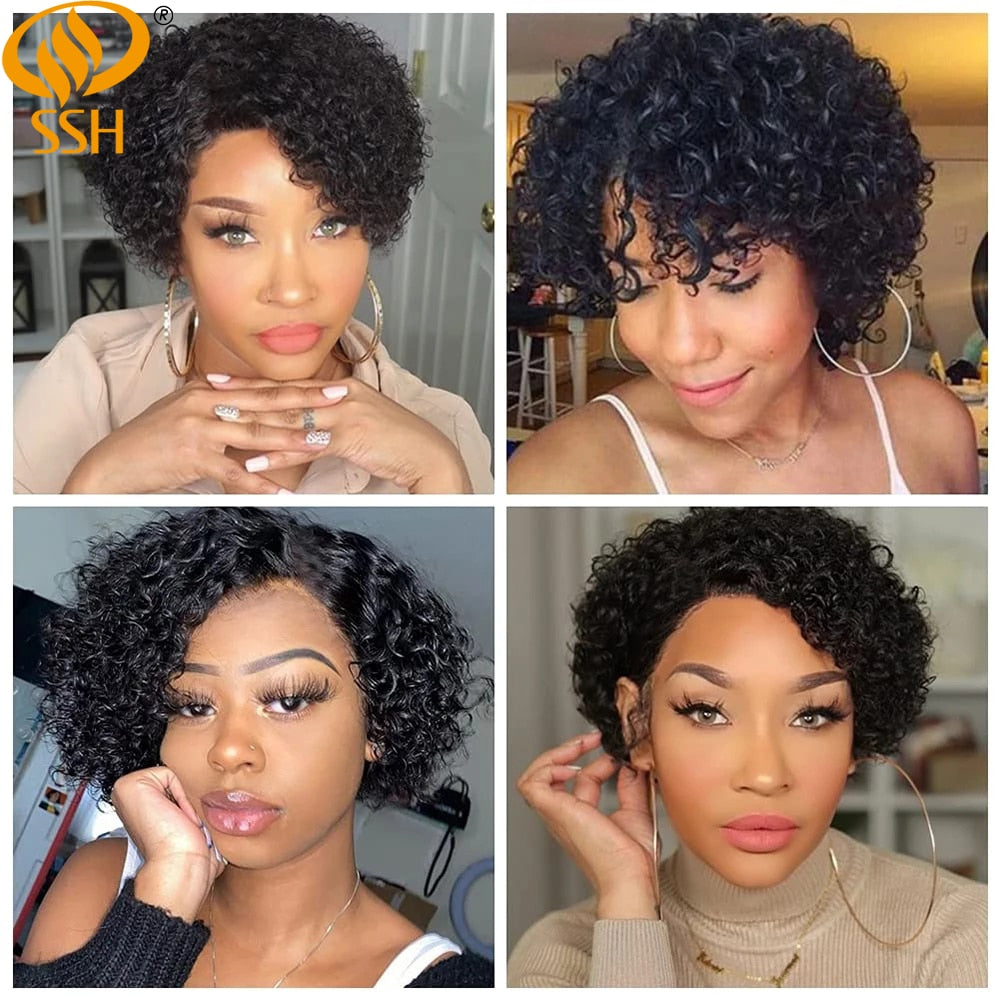 SSH  Curly Wigs Short Pixie Cut Human Hair For Women Natural Black Remy Hair 150% Density Glueless Cheap Side Part Human Wigs