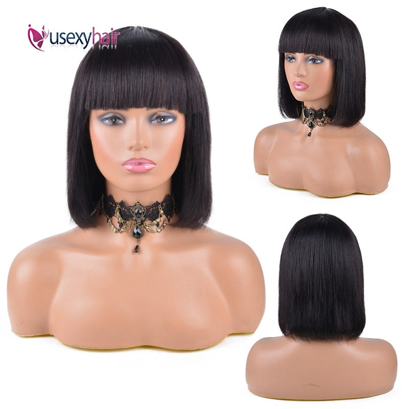 Straight Short Bob Human Hair Wigs With Bangs Brazilian Human Hair Bob Wigs For Woman Full Machine Made Human Hair Wigs Glueless