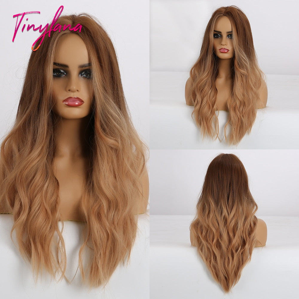 TINY LANA Long Wavy Blonde Synthetic Wigs with Highlights Middle Part for Afro Women Cosplay Natural Hair Heat Resistant Fibre