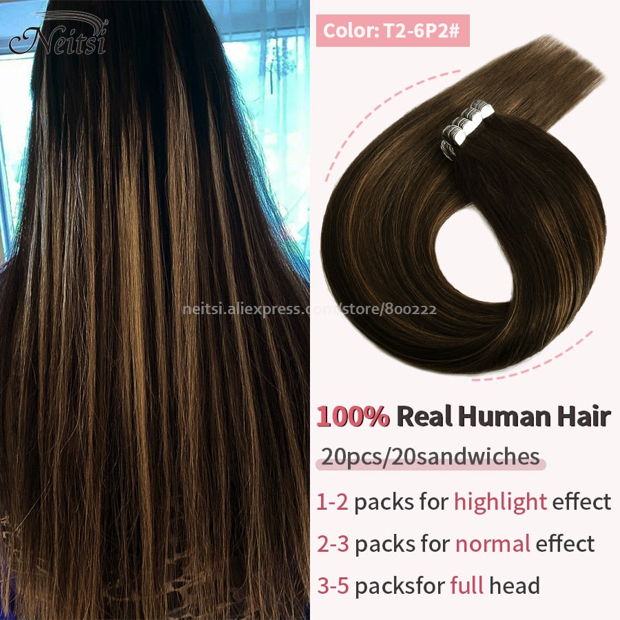 Neitsi Mini Tape In Human Hair Adhesive Extensions 12&quot;-24&quot; Blonde Remy Straight Invisible Skin Weft 100% Real Natural Glue Hair