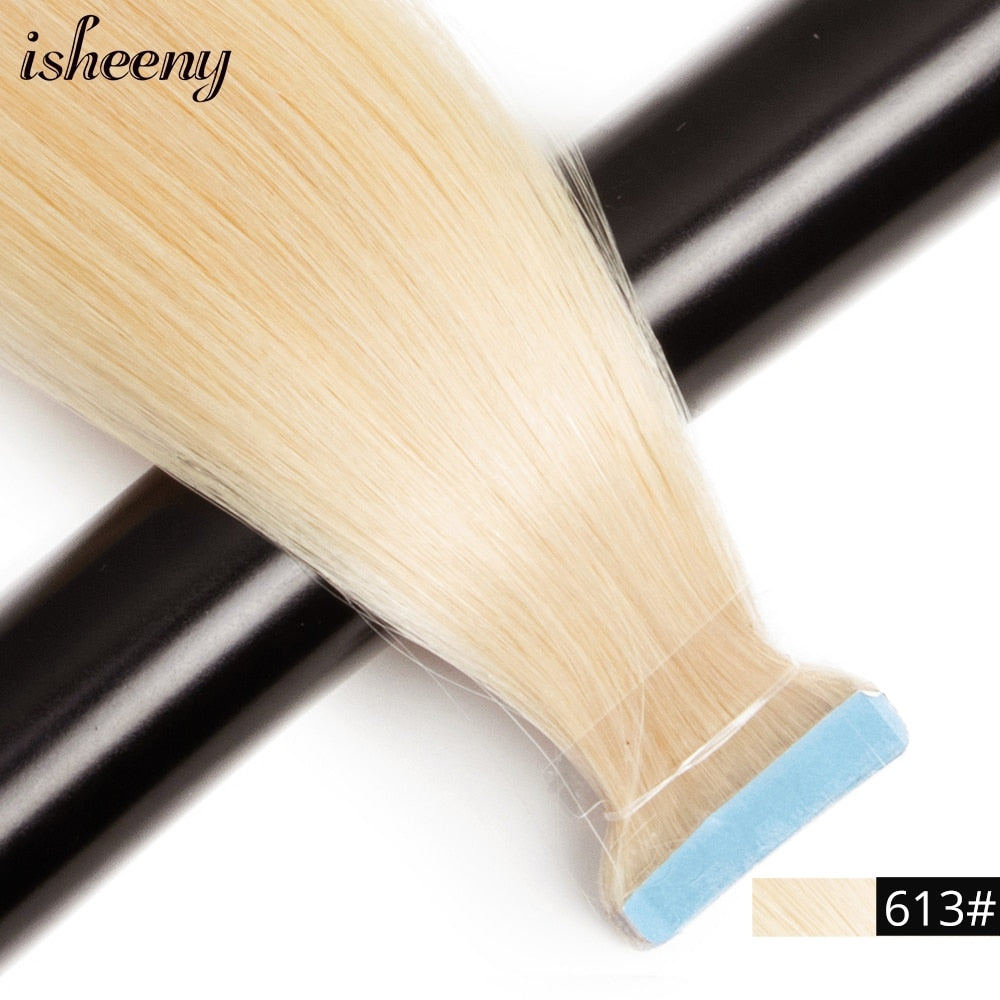 Isheeny Blonde Human Hair Tape In Extensions European Natural Hair Extension Skin PU Weft 12&quot;-24&quot; Black Brown 100% Human Hair