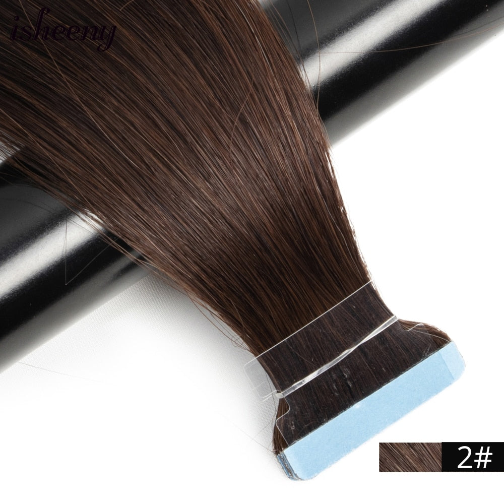 Isheeny Blonde Human Hair Tape In Extensions European Natural Hair Extension Skin PU Weft 12&quot;-24&quot; Black Brown 100% Human Hair