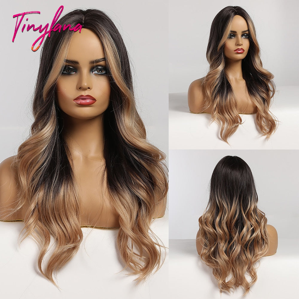 TINY LANA Long Wavy Blonde Synthetic Wigs with Highlights Middle Part for Afro Women Cosplay Natural Hair Heat Resistant Fibre