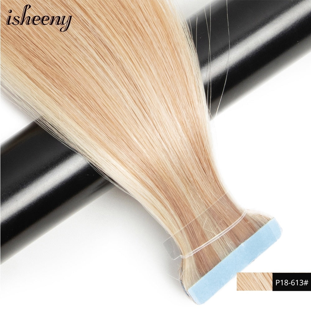 Isheeny Blonde Human Hair Tape In Extensions European Natural Hair Extension Skin PU Weft 12&quot;-24&quot; Black Brown 100% Human Hair