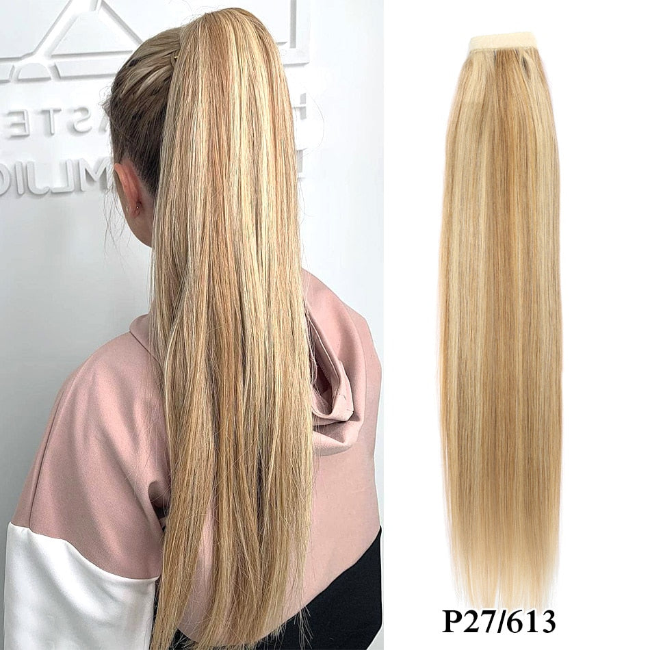 Real Beauty Ponytail Human Hair  Remy Hair Extensions European Warp Around Drawstring Clip Ins Ponytail Highlight Blonde Brown