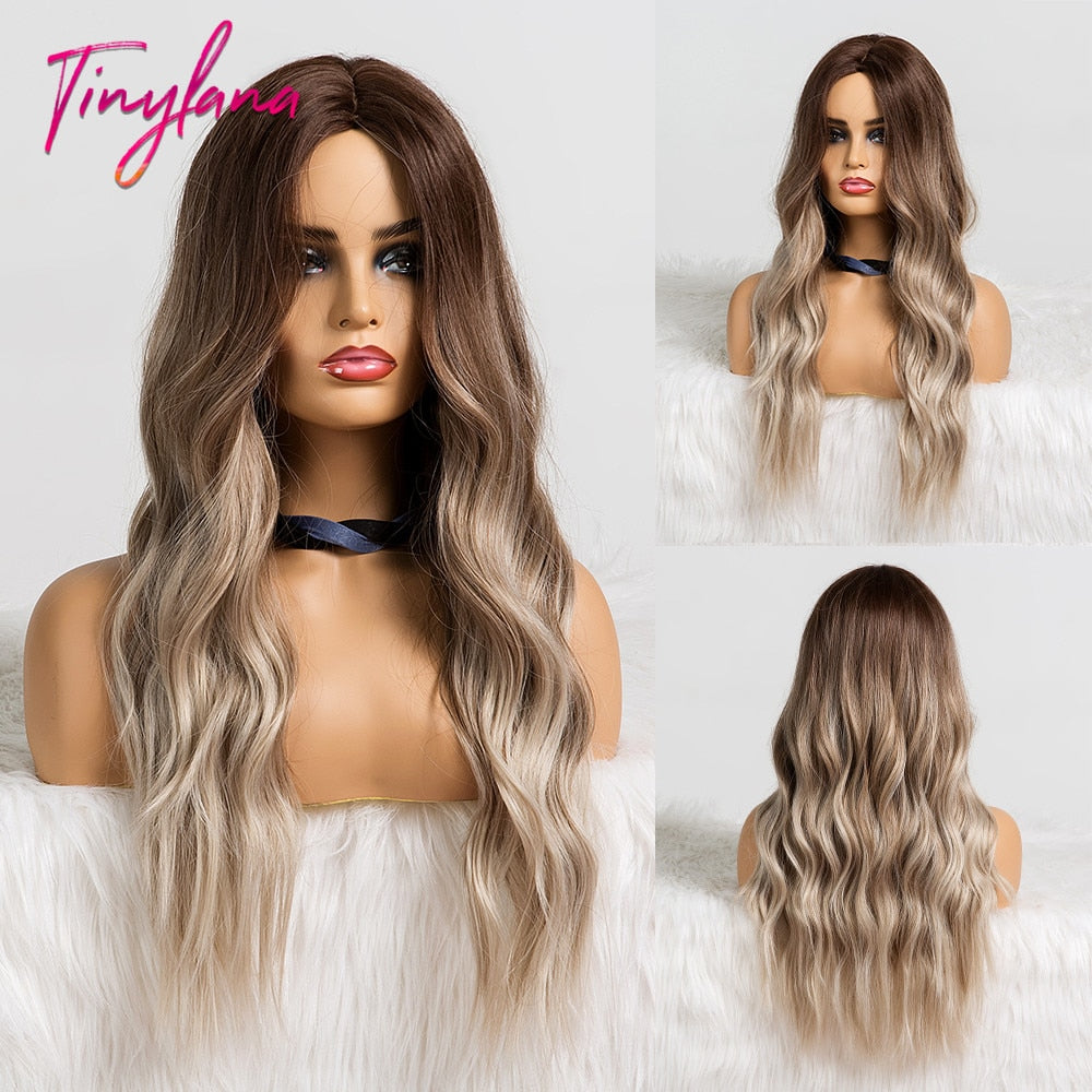 TINY LANA Long Wavy Blonde Synthetic Wigs with Highlights Middle Part for Afro Women Cosplay Natural Hair Heat Resistant Fibre