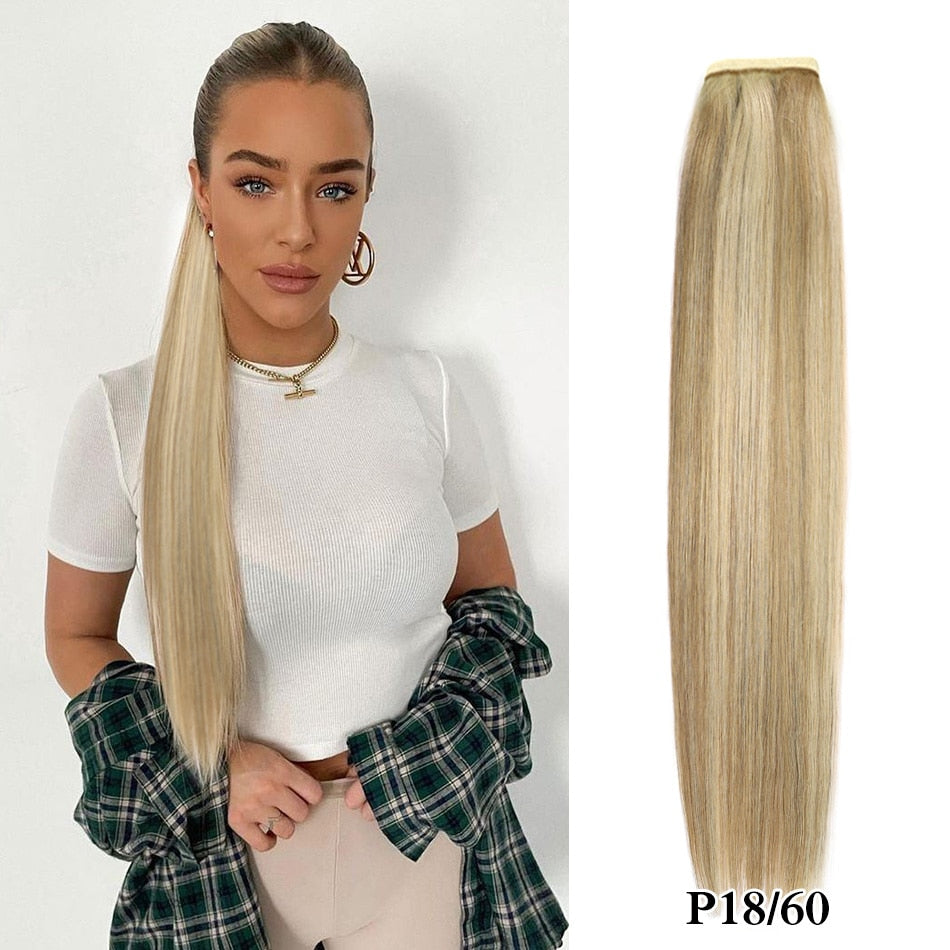 Real Beauty Ponytail Human Hair  Remy Hair Extensions European Warp Around Drawstring Clip Ins Ponytail Highlight Blonde Brown