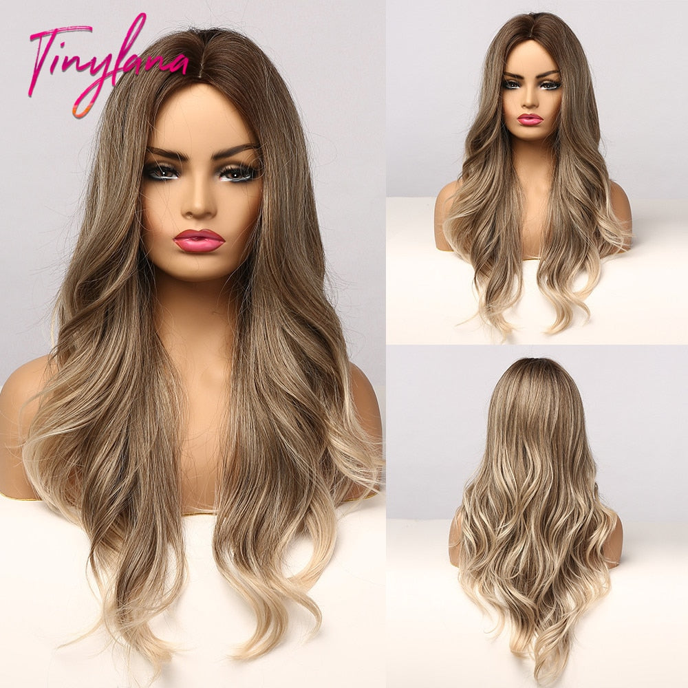 TINY LANA Long Wavy Blonde Synthetic Wigs with Highlights Middle Part for Afro Women Cosplay Natural Hair Heat Resistant Fibre