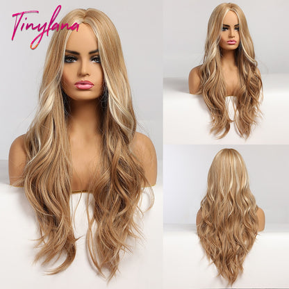 TINY LANA Long Wavy Blonde Synthetic Wigs with Highlights Middle Part for Afro Women Cosplay Natural Hair Heat Resistant Fibre