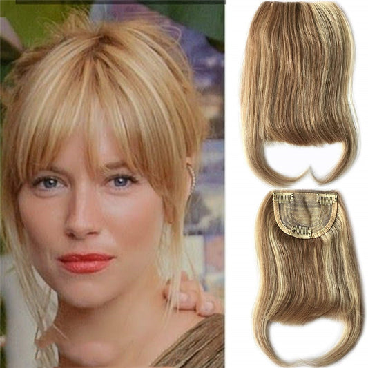 27P613 Blonde Mixed Brown Color Brazilian Human Hair Clip-in Hair Bangs Full Fringe Short Straight Hair Extension for women 6-8&quot;