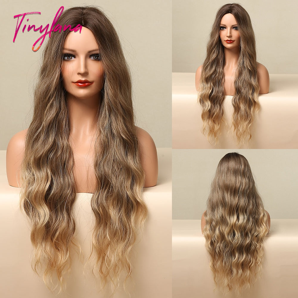 TINY LANA Long Wavy Blonde Synthetic Wigs with Highlights Middle Part for Afro Women Cosplay Natural Hair Heat Resistant Fibre