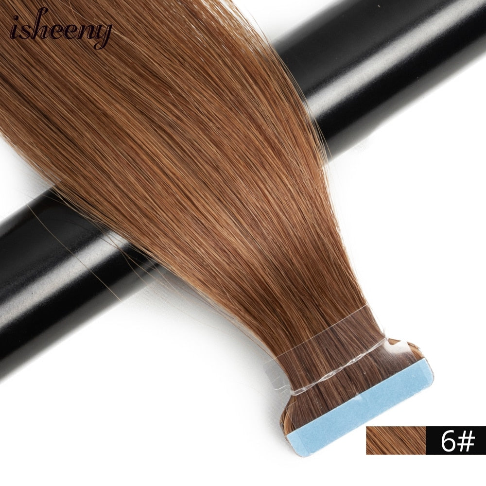 Isheeny Blonde Human Hair Tape In Extensions European Natural Hair Extension Skin PU Weft 12&quot;-24&quot; Black Brown 100% Human Hair