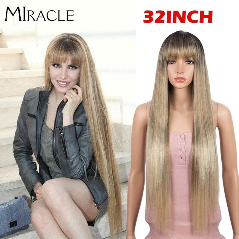 Miracle Blonde Wigs for Black Women Synthetic Wig With Bangs Straight Pink Purple Wigs 32inc Heat Resistant Fiber Cosplay Wigs