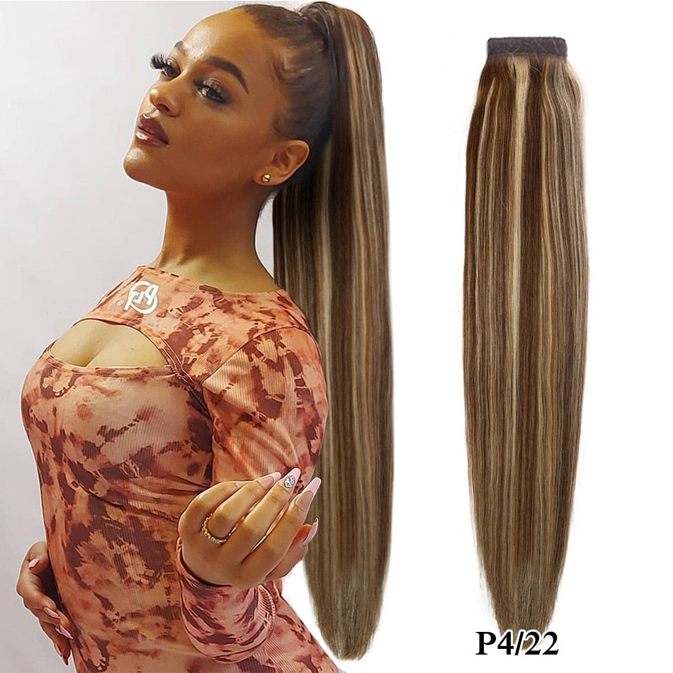 Real Beauty Ponytail Human Hair  Remy Hair Extensions European Warp Around Drawstring Clip Ins Ponytail Highlight Blonde Brown