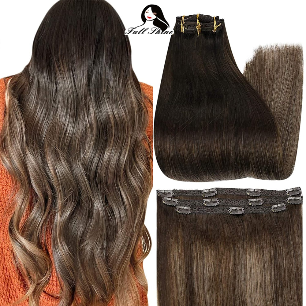 Full Shine 50 Grams Clip On Human Hair Extensions Ombre Color 3Pcs 100% Machine Remy Human Hair Hairpins Clip In Hair Extensions