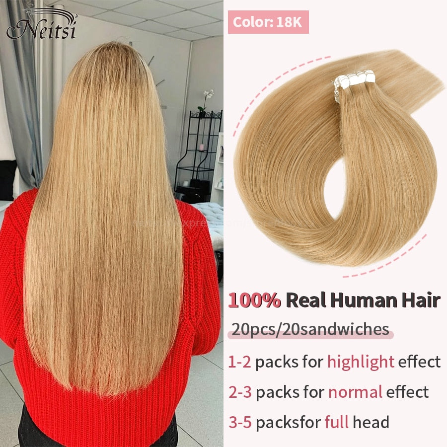 Neitsi Mini Tape In Human Hair Adhesive Extensions 12&quot;-24&quot; Blonde Remy Straight Invisible Skin Weft 100% Real Natural Glue Hair