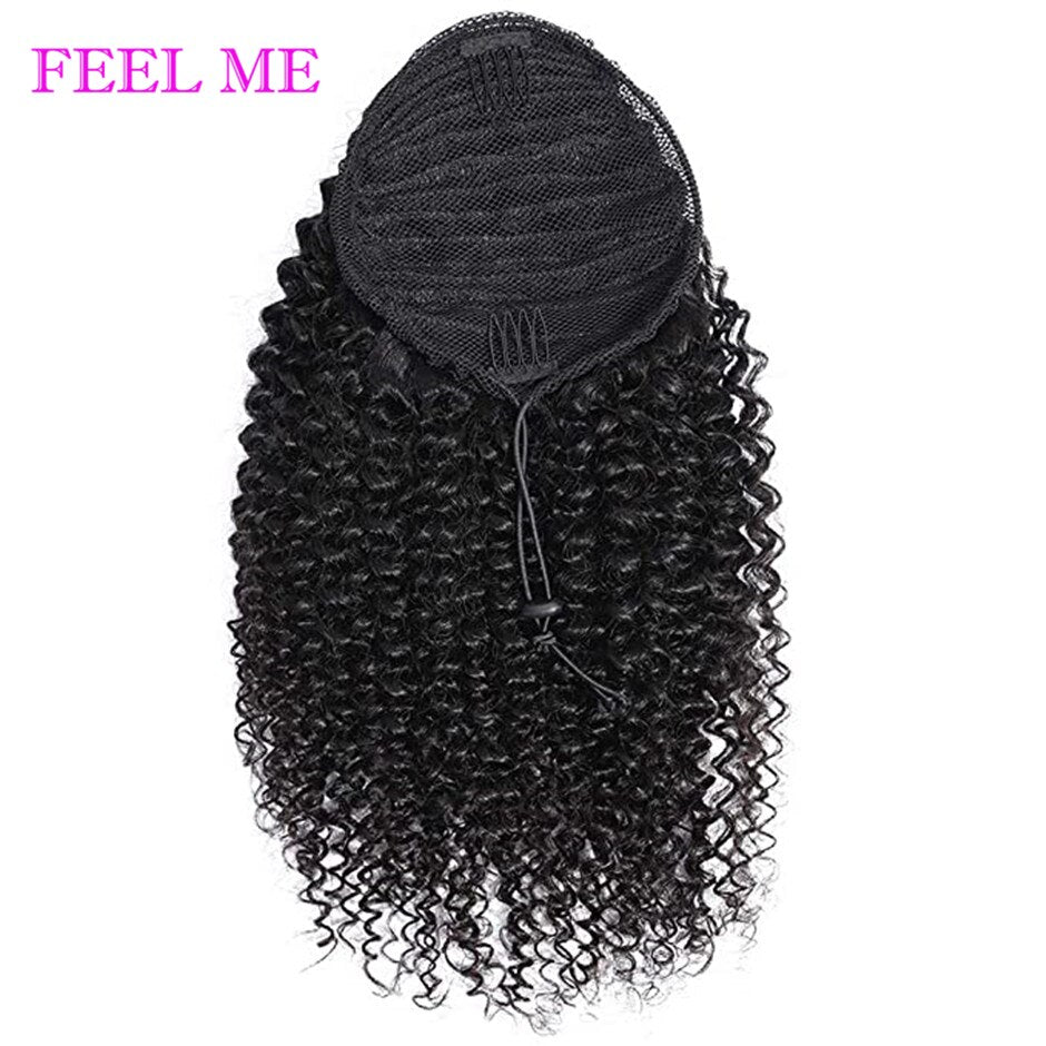 FEELME Afro Kinky Curly Ponytail Human Hair Ombre Burgundy Brazilian Curly Drawstring Ponytail Hair Extensions 1b/30 Remy Hair