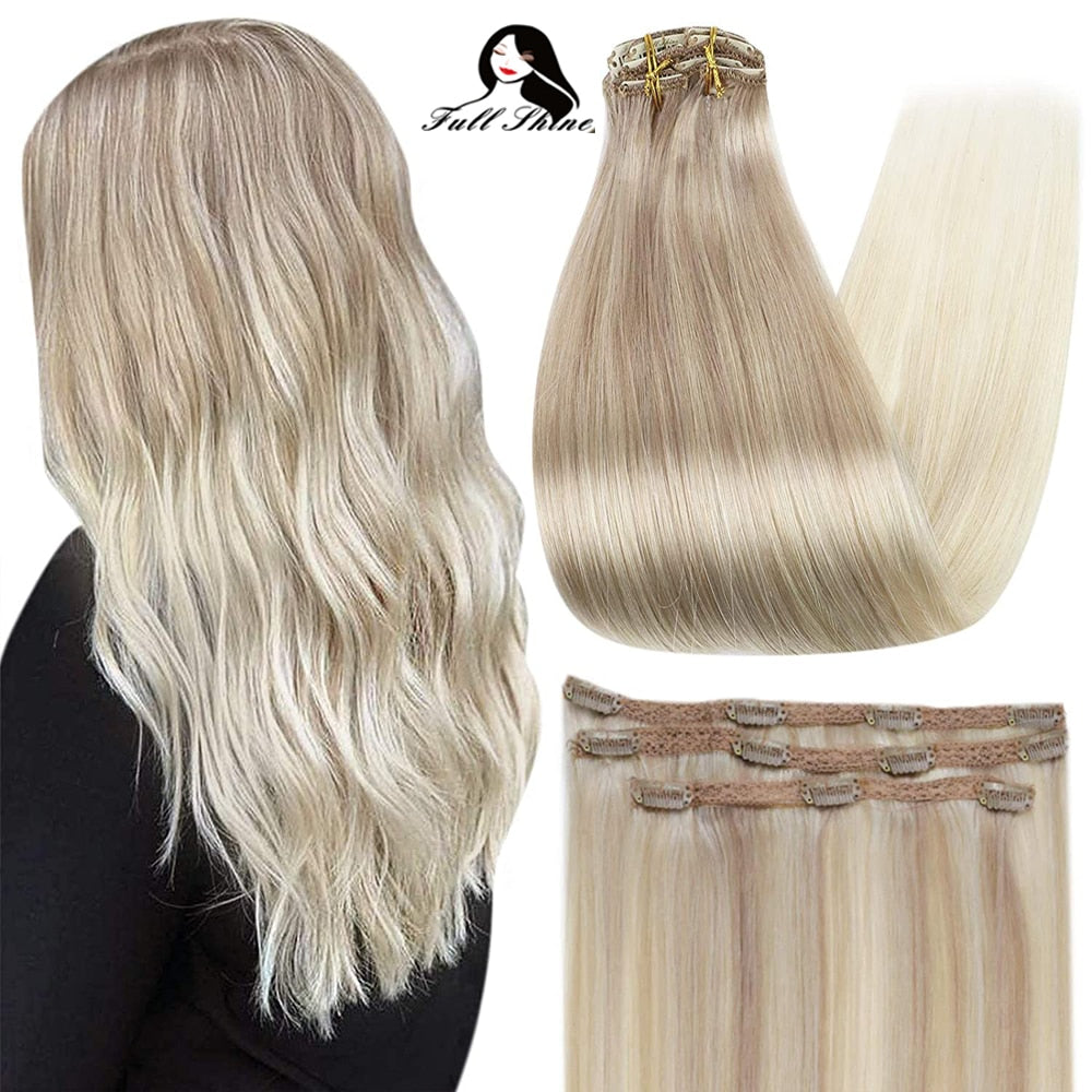 Full Shine 50 Grams Clip On Human Hair Extensions Ombre Color 3Pcs 100% Machine Remy Human Hair Hairpins Clip In Hair Extensions