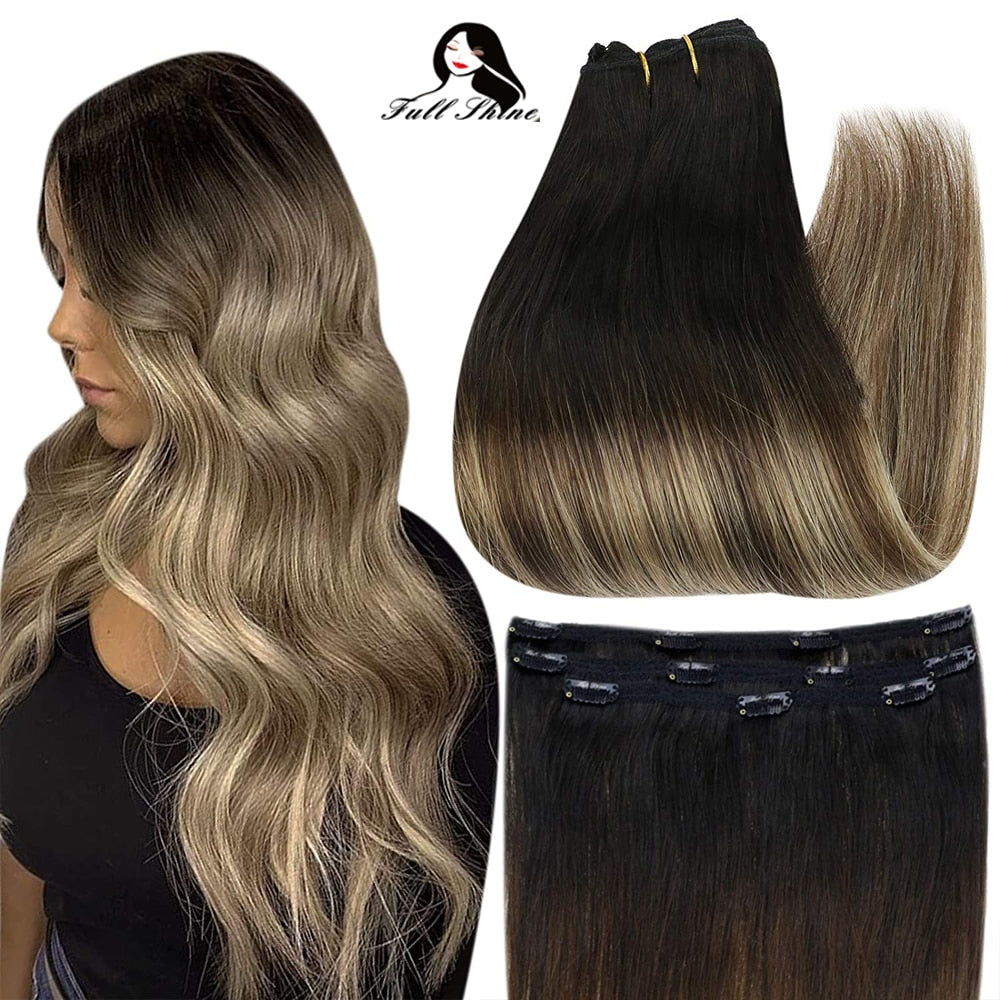 Full Shine 50 Grams Clip On Human Hair Extensions Ombre Color 3Pcs 100% Machine Remy Human Hair Hairpins Clip In Hair Extensions