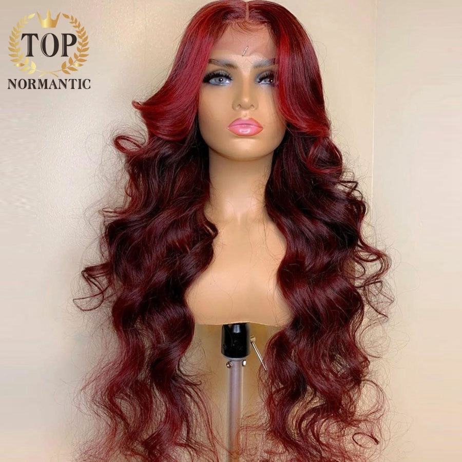 Topnormantic 13x4 Lace Front Remy Indian Human Hair Wigs with Baby Hair Highlight Red Burgundy Color Loose Wave Wigs For Women