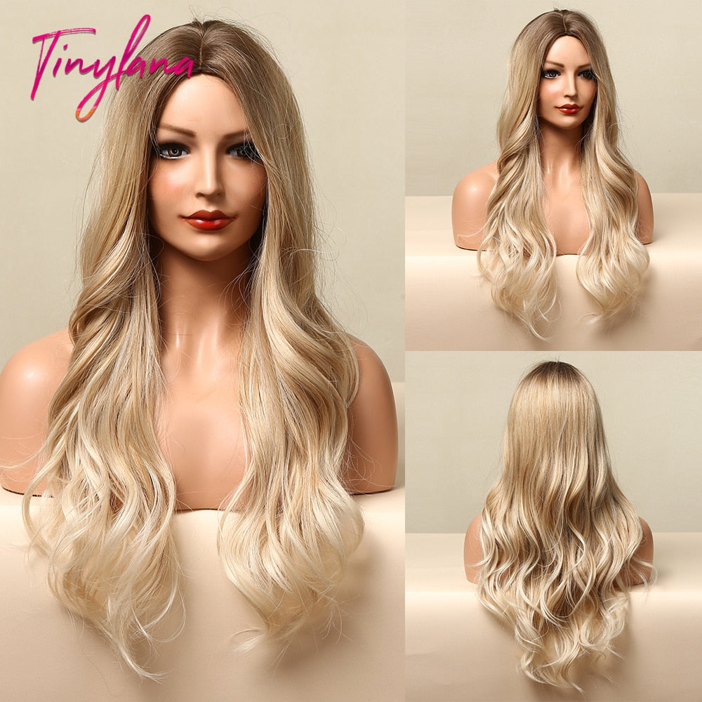 TINY LANA Long Wavy Blonde Synthetic Wigs with Highlights Middle Part for Afro Women Cosplay Natural Hair Heat Resistant Fibre