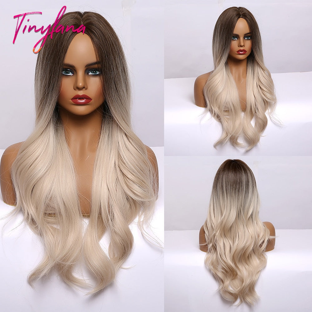 TINY LANA Long Wavy Blonde Synthetic Wigs with Highlights Middle Part for Afro Women Cosplay Natural Hair Heat Resistant Fibre