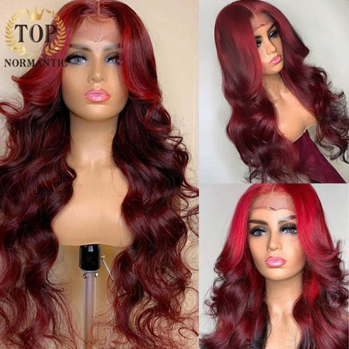 Topnormantic 13x4 Lace Front Remy Indian Human Hair Wigs with Baby Hair Highlight Red Burgundy Color Loose Wave Wigs For Women