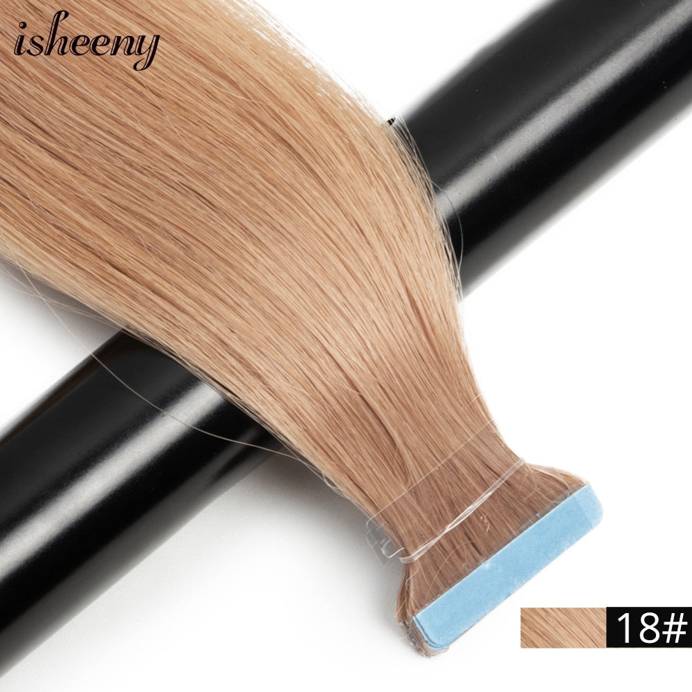 Isheeny Blonde Human Hair Tape In Extensions European Natural Hair Extension Skin PU Weft 12&quot;-24&quot; Black Brown 100% Human Hair