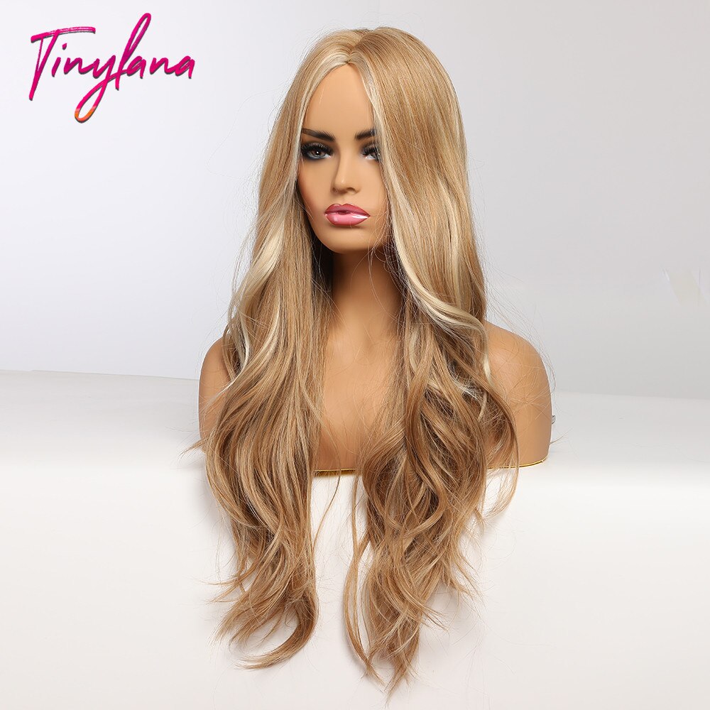 TINY LANA Long Wavy Blonde Synthetic Wigs with Highlights Middle Part for Afro Women Cosplay Natural Hair Heat Resistant Fibre