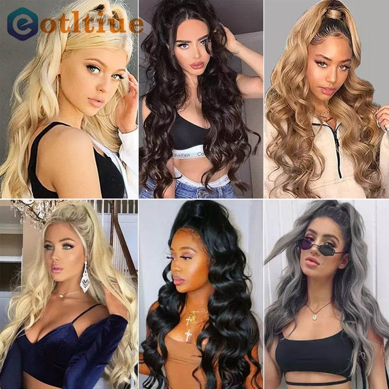 Body Wave Long Wavy Wrap Around Clip In Ponytail Hair Extension Brazilian Remy Human Hair Natural Color Heat Resistant Pony Tail