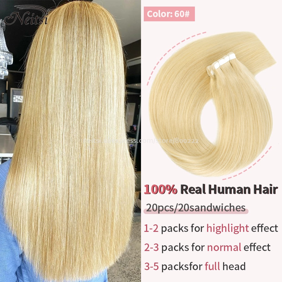 Neitsi Mini Tape In Human Hair Adhesive Extensions 12&quot;-24&quot; Blonde Remy Straight Invisible Skin Weft 100% Real Natural Glue Hair