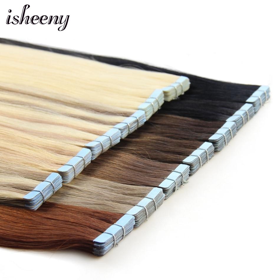 Isheeny Blonde Human Hair Tape In Extensions European Natural Hair Extension Skin PU Weft 12&quot;-24&quot; Black Brown 100% Human Hair