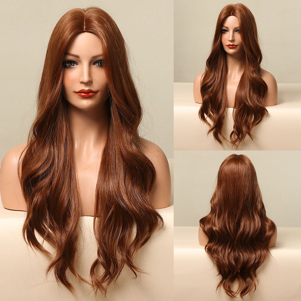 LOUIS FERRE Synthetic Ombre Wig for Women Brown Highlights on Blonde Hair Wig Long Wave Wig Natural Looking Heat Resistant Fibre