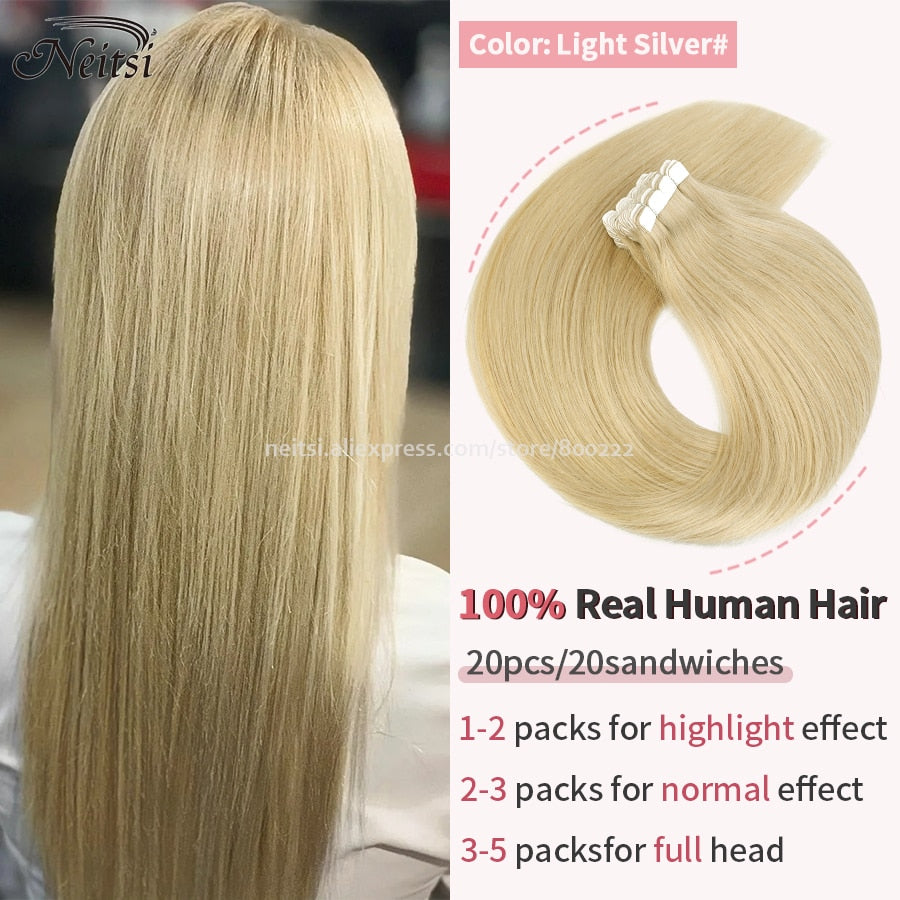 Neitsi Mini Tape In Human Hair Adhesive Extensions 12&quot;-24&quot; Blonde Remy Straight Invisible Skin Weft 100% Real Natural Glue Hair