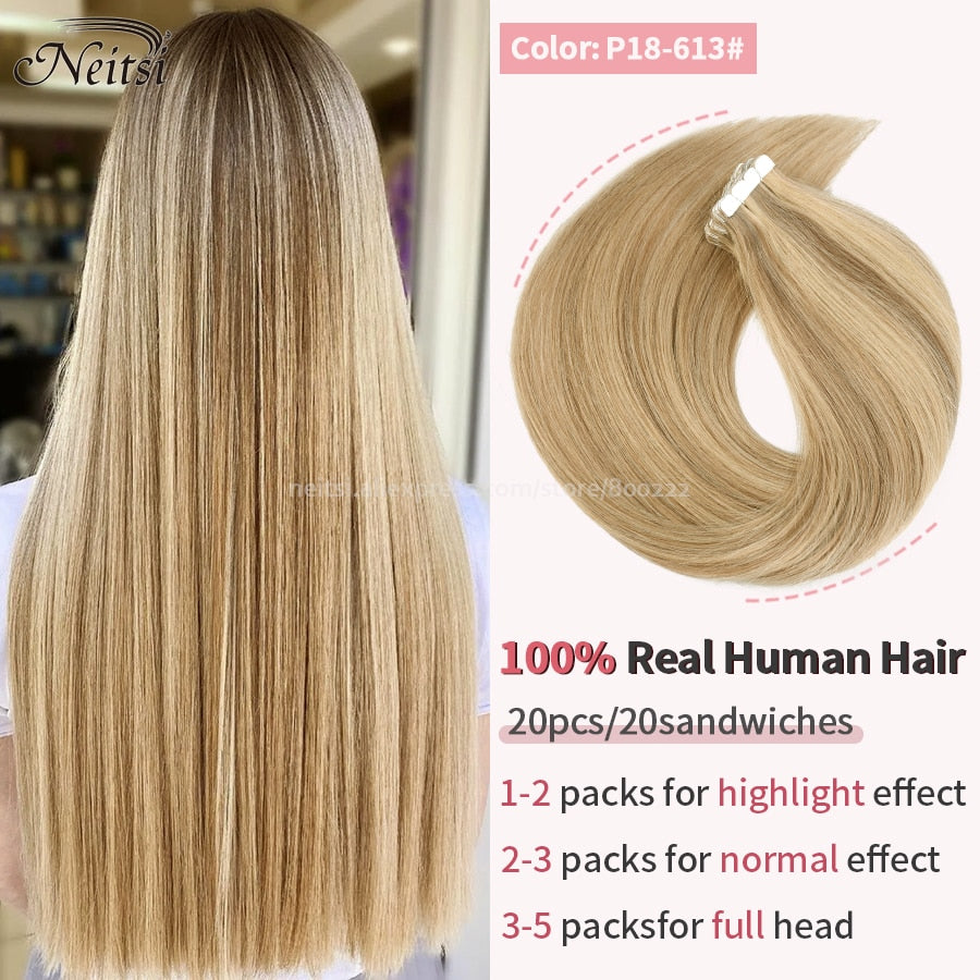 Neitsi Mini Tape In Human Hair Adhesive Extensions 12&quot;-24&quot; Blonde Remy Straight Invisible Skin Weft 100% Real Natural Glue Hair