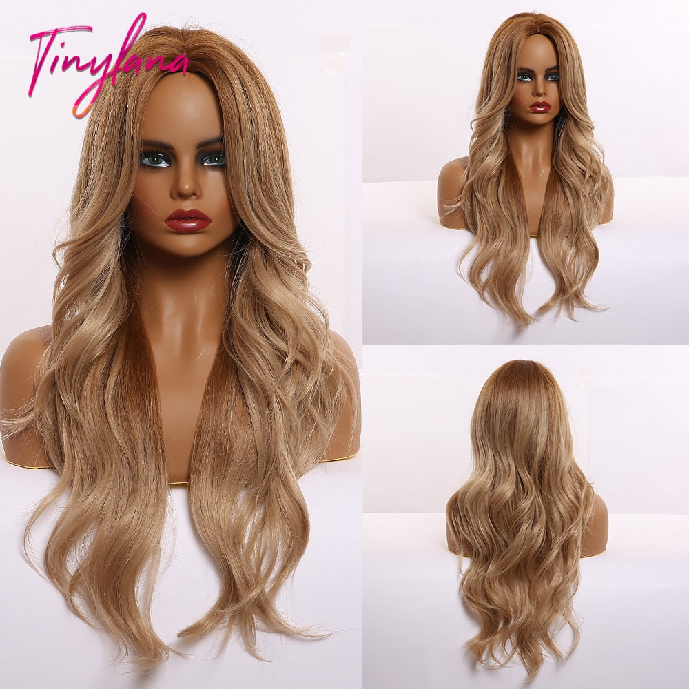 TINY LANA Long Wavy Blonde Synthetic Wigs with Highlights Middle Part for Afro Women Cosplay Natural Hair Heat Resistant Fibre