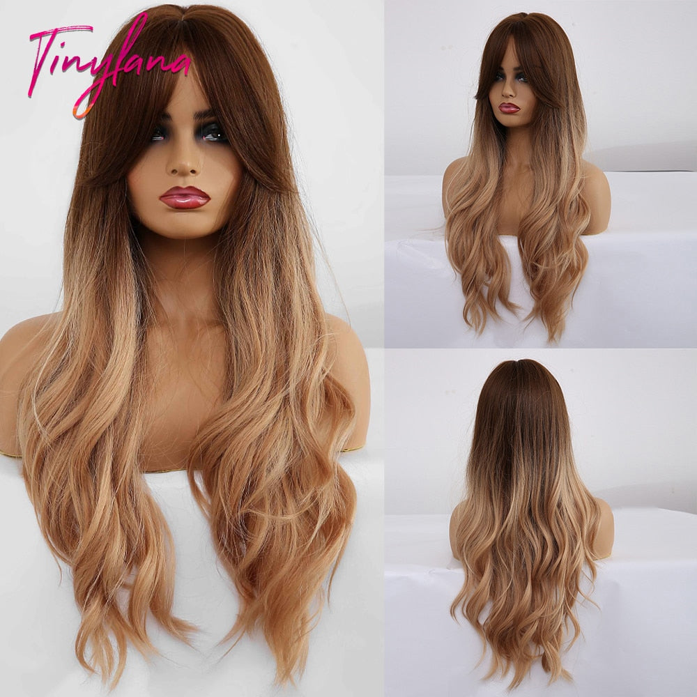 TINY LANA Long Wavy Blonde Synthetic Wigs with Highlights Middle Part for Afro Women Cosplay Natural Hair Heat Resistant Fibre