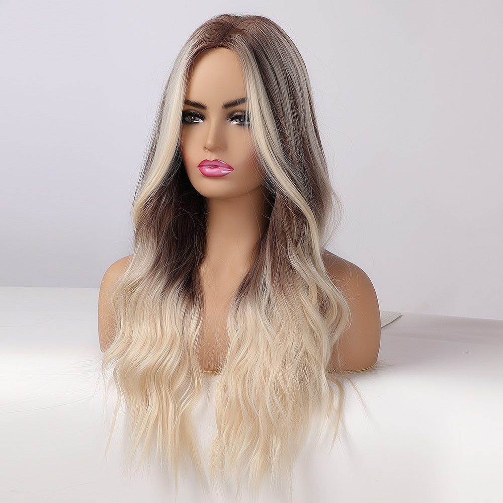 LOUIS FERRE Synthetic Ombre Wig for Women Brown Highlights on Blonde Hair Wig Long Wave Wig Natural Looking Heat Resistant Fibre