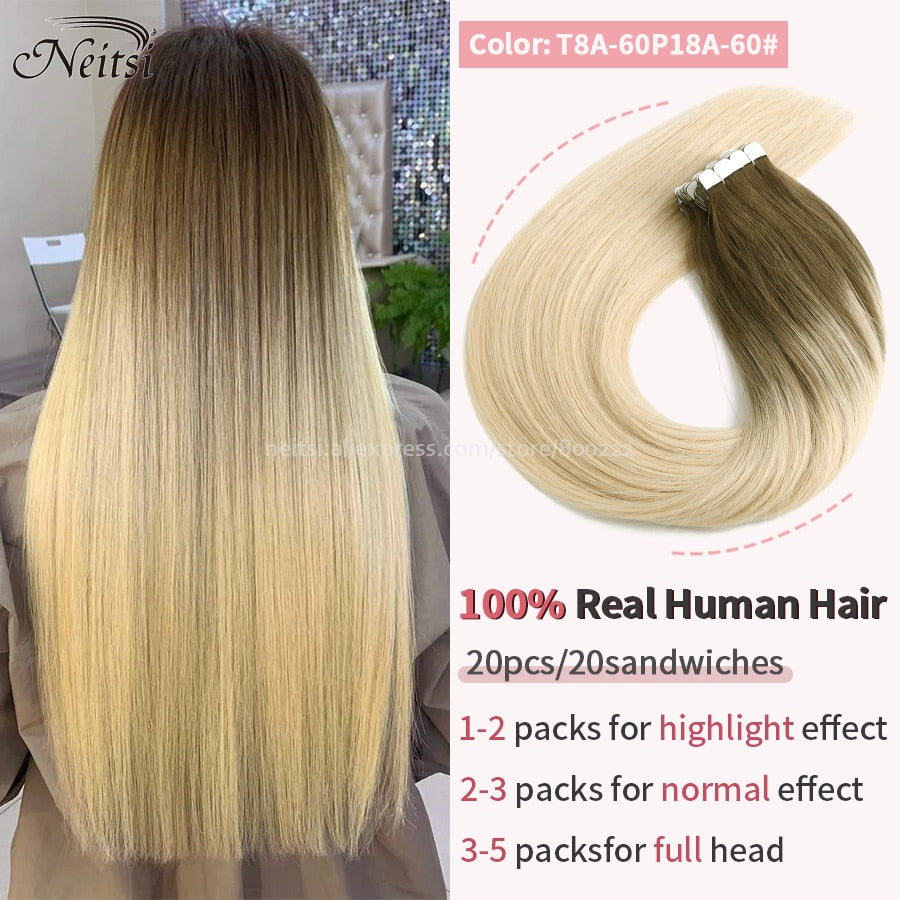 Neitsi Mini Tape In Human Hair Adhesive Extensions 12&quot;-24&quot; Blonde Remy Straight Invisible Skin Weft 100% Real Natural Glue Hair