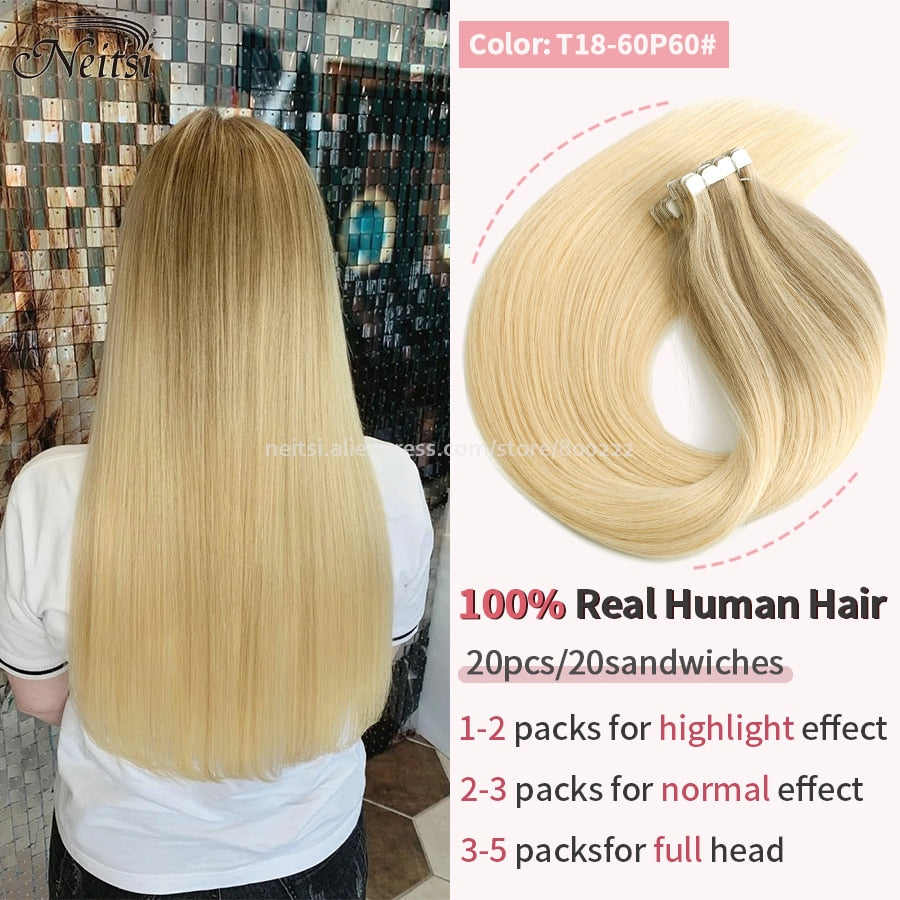 Neitsi Mini Tape In Human Hair Adhesive Extensions 12&quot;-24&quot; Blonde Remy Straight Invisible Skin Weft 100% Real Natural Glue Hair